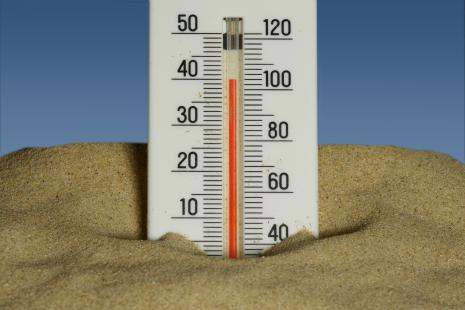 Thermomètre planté dans le sable affichant 40 degrés