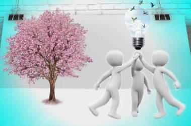 Personnages sous une ampoule avec un arbre