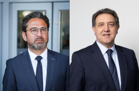 Arnaud Robinet, président de la FHF (à gauche, photo SEBA/SIPA), et le Pr Stéphane Oustric, président du Cnom (à droite, photo Cnom)